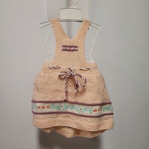 Vtg Handknit Romper Overall Dress Toddler 12m 24m Pink Easter Hearts Valentines